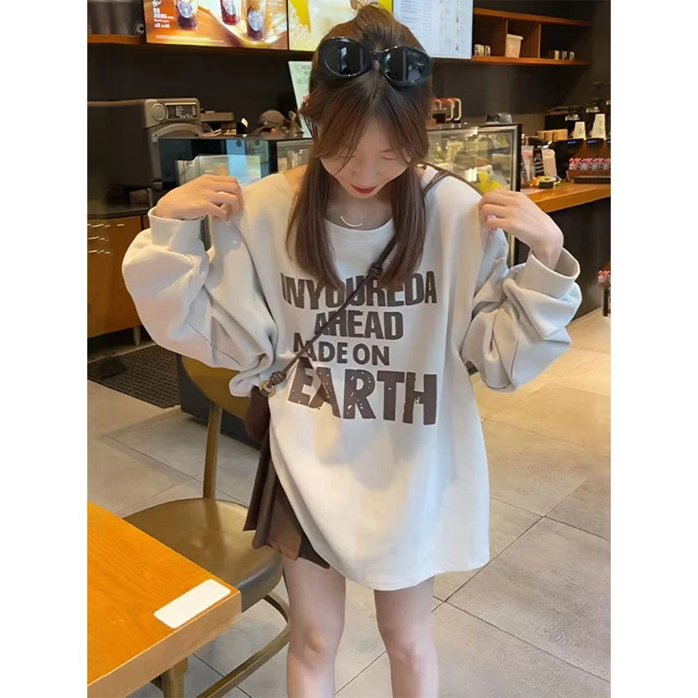人手款！秋季新款大圆领咖色字母印花软糯糯宽松休闲卫衣T长袖上衣