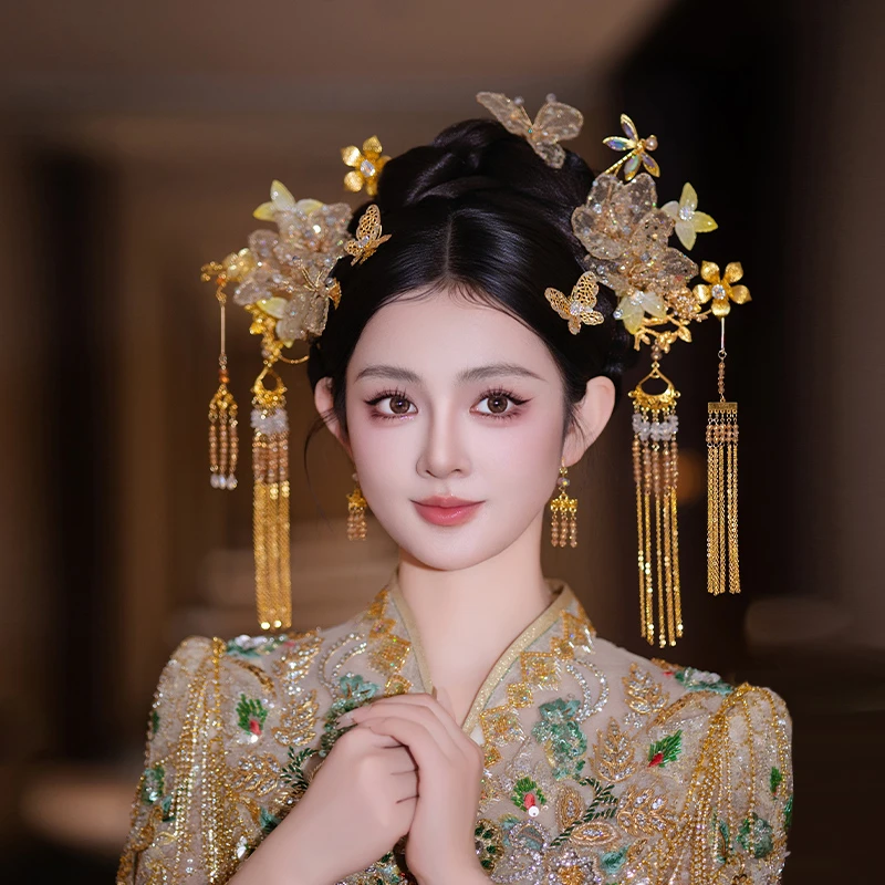 合金婚庆饰品 新娘长流苏秀禾服中式结婚造型减龄花朵发饰品D0557