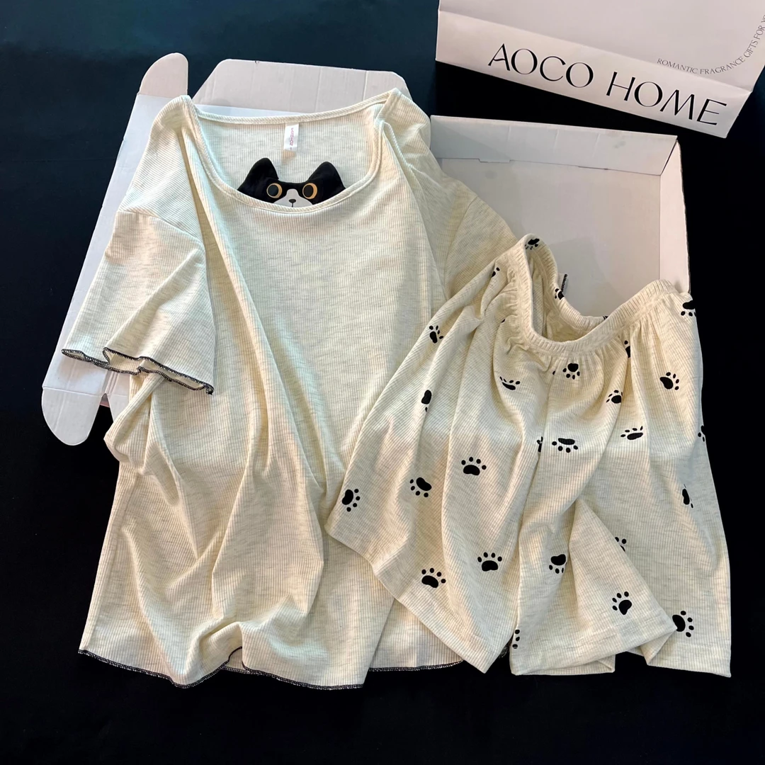 夏季睡衣女网红风可爱短袖大码2025新款凉感猫爪印家居服夏天套装