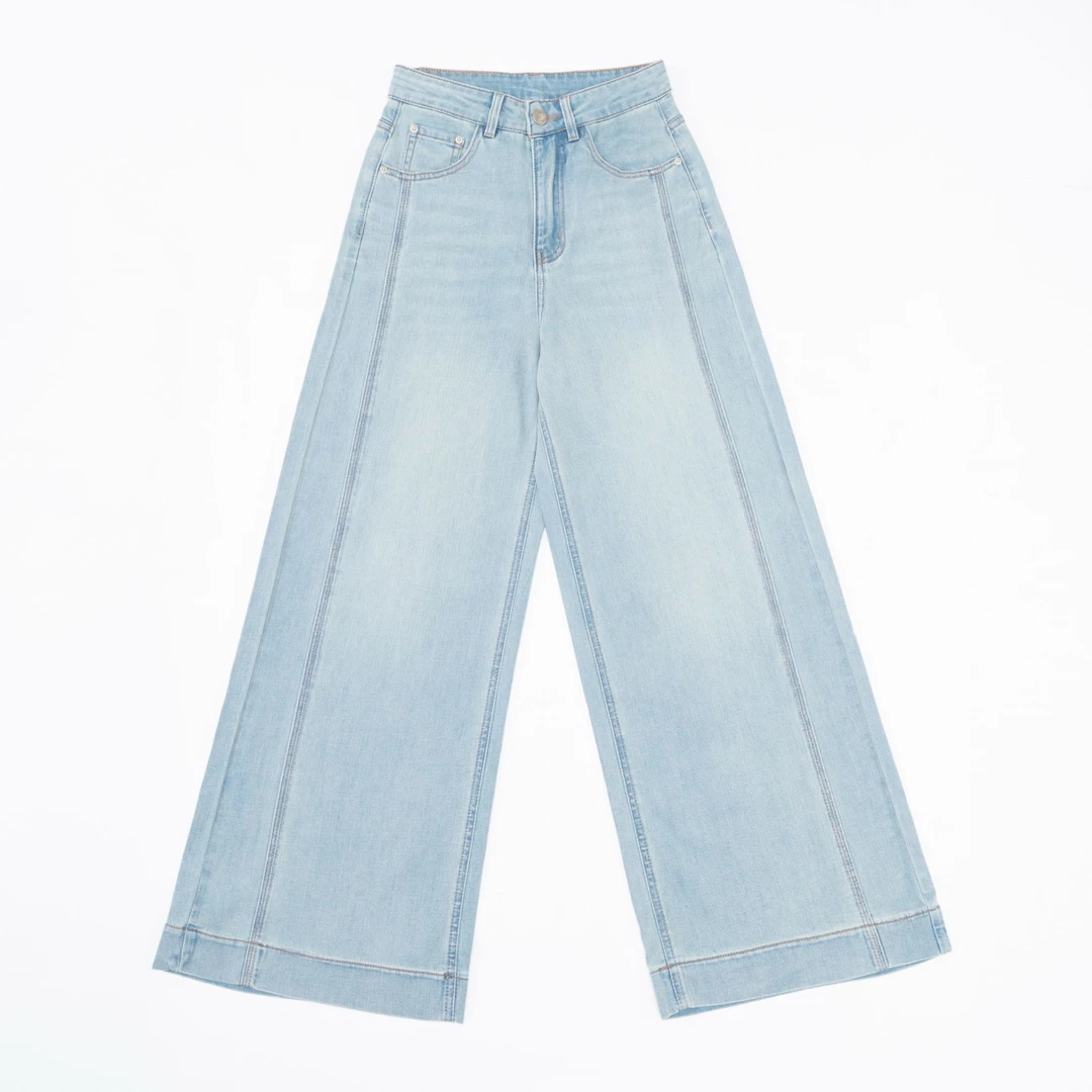 1538高腰提臀浅色阔腿牛仔裤新款显瘦宽松弹力垂感时尚直筒阔腿裤