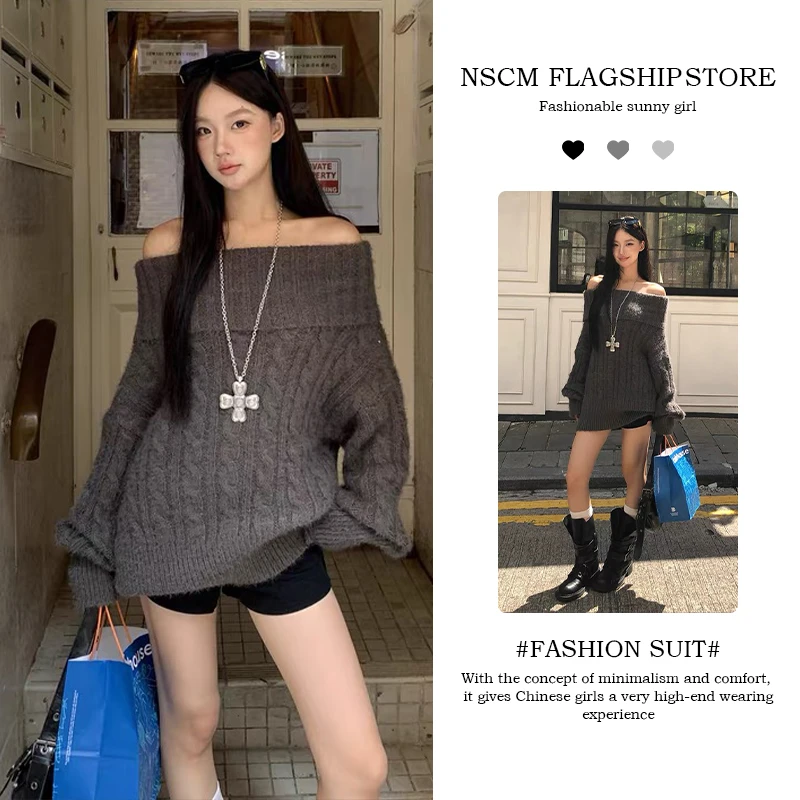 NSCM早秋新款纯欲慵懒风女装韩版休闲穿搭露肩针织衫上衣直筒短裤