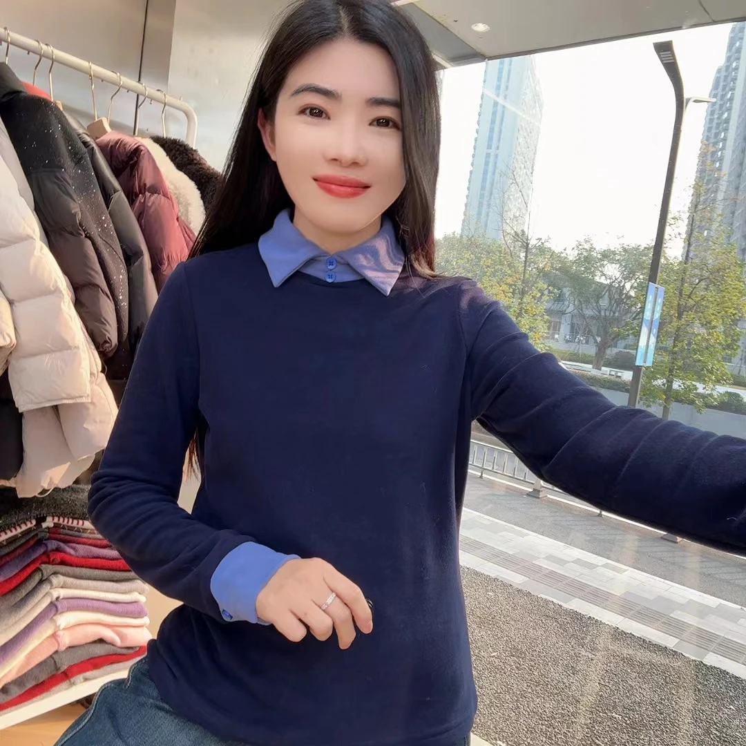 242411 加绒假两件双面慕斯绒翻领撞色时尚打底衫显瘦长袖