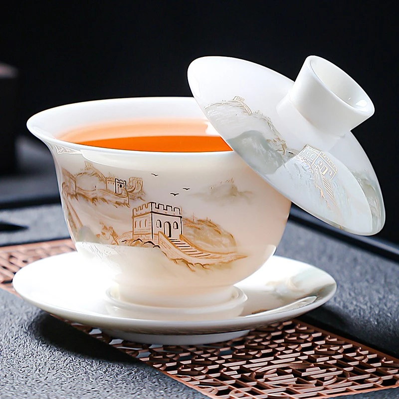万里长城陶瓷三才盖碗可悬停茶碗德化白瓷盖碗功夫茶具泡茶盖碗
