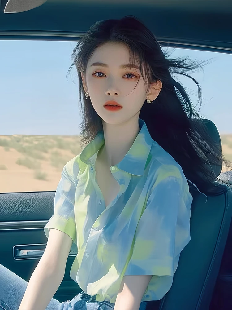 绿色扎染短袖衬衫女2025新款夏季宽松高级感法式独特漂亮雪纺上衣