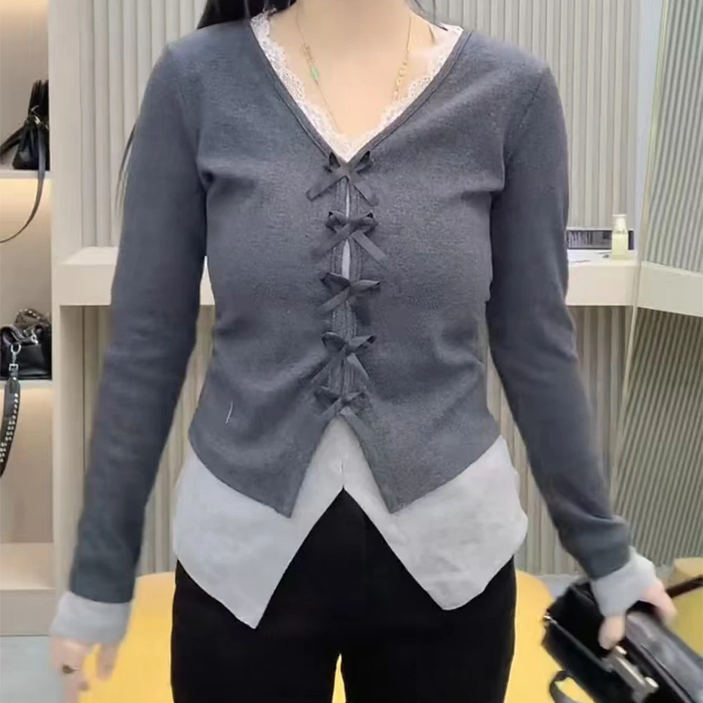 25秋冬轻熟风修身显瘦长袖假两件蝴蝶结撞色拼接假两件百搭上衣