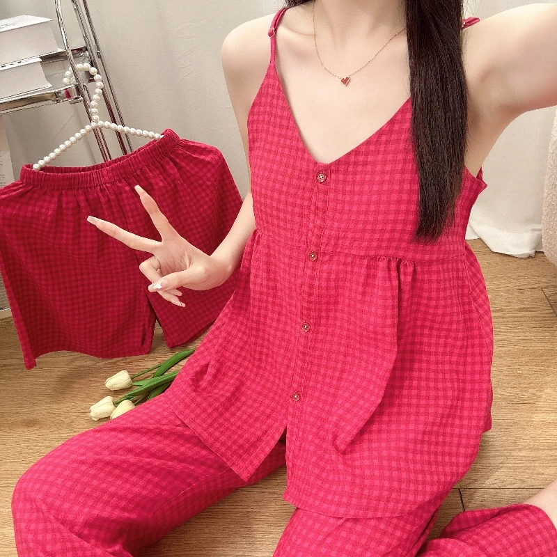 女大学生睡衣女爆款2025新款红色格纹居家休闲三件套家居服