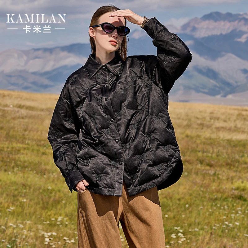 卡米兰衬衫款绣花白鹅绒羽绒服女2023冬新款单排扣保暖鹅绒服外套