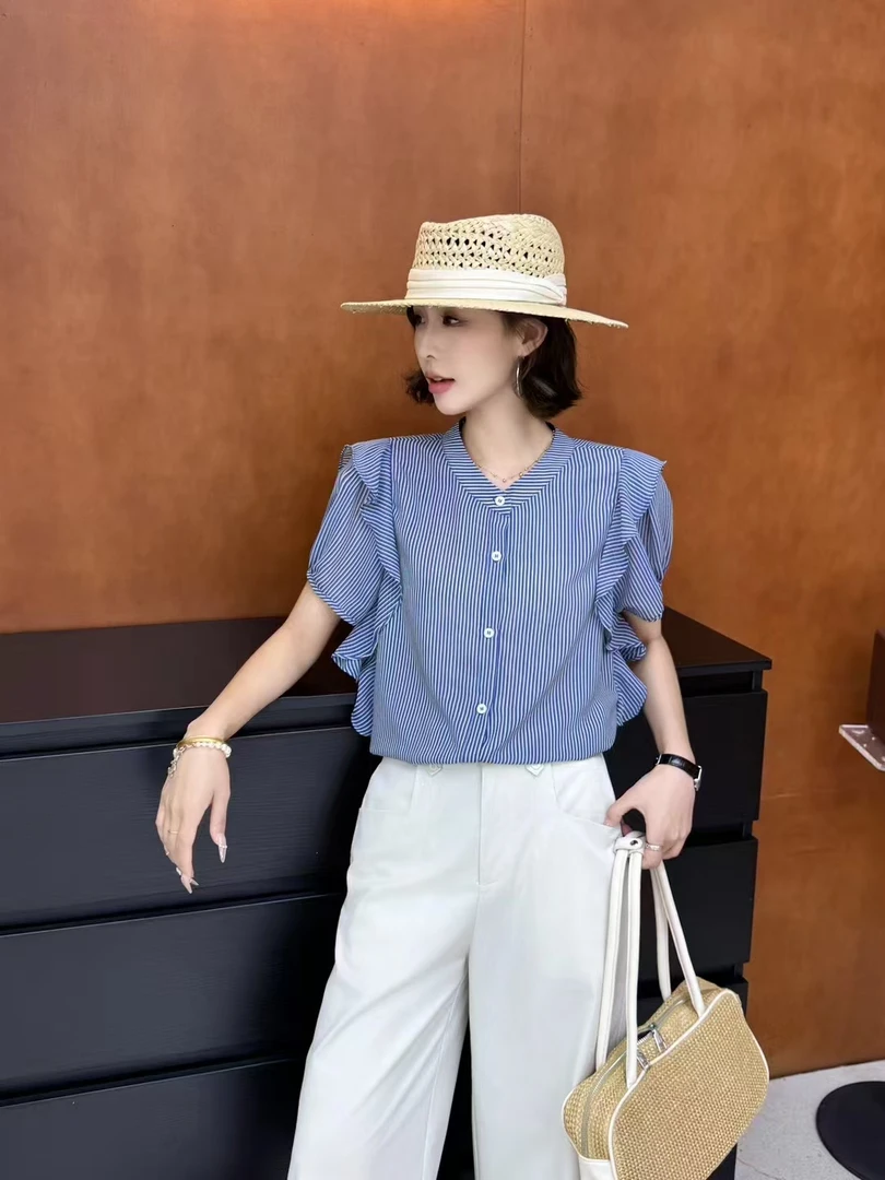〖69扣号链接〗夏凉版袖子飞边条纹时尚衬衣