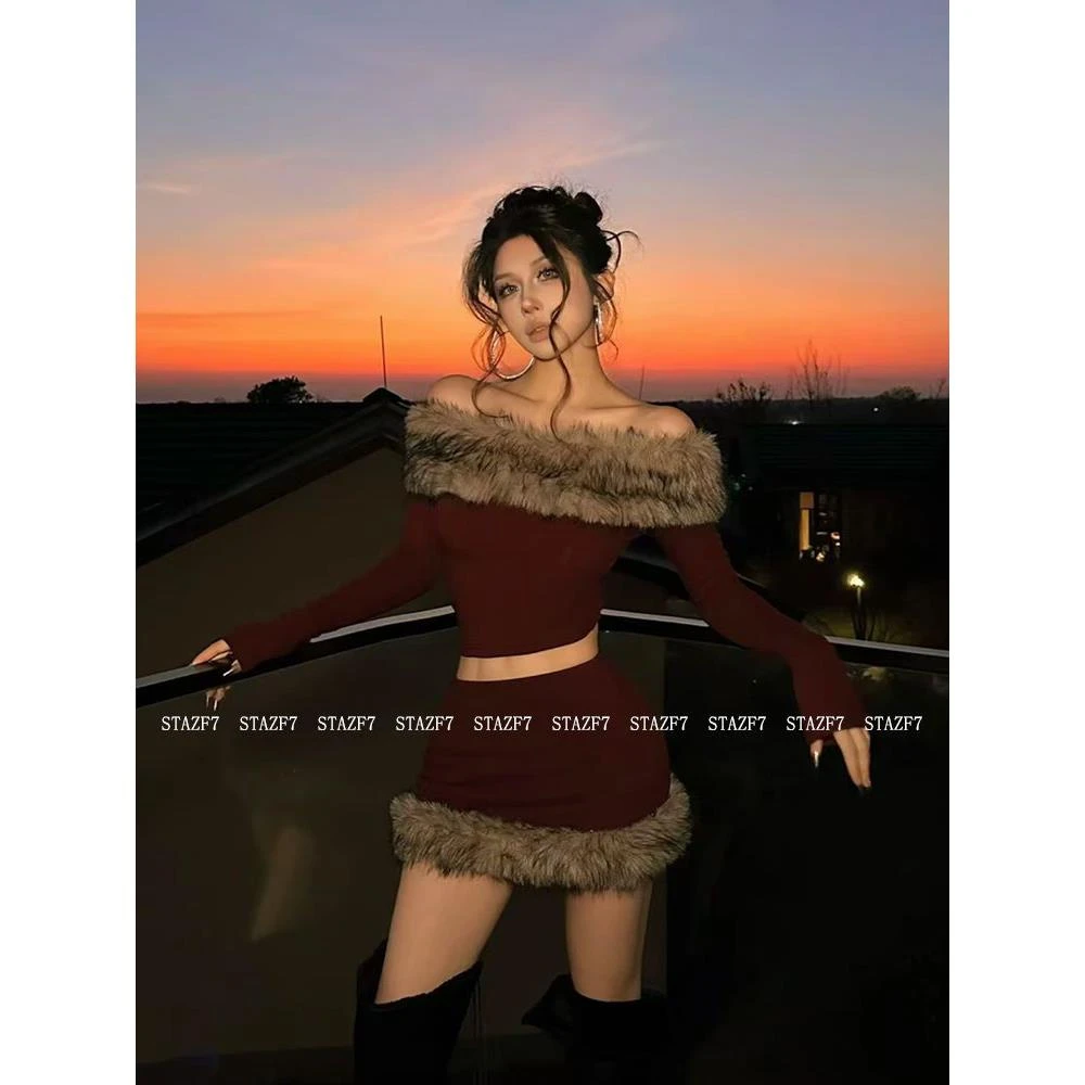 美式复古辣妹毛毛一字肩长袖上衣气质包臀短裙子圣诞套装秋冬女装