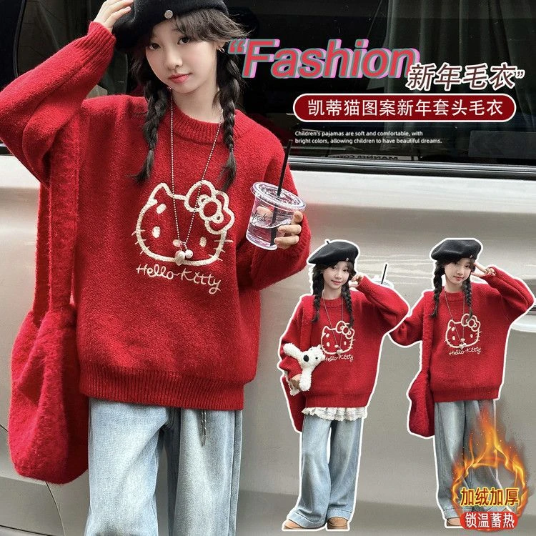 2025新款冬季儿童加绒毛衣凯蒂猫图案保暖女童新年上衣时尚
