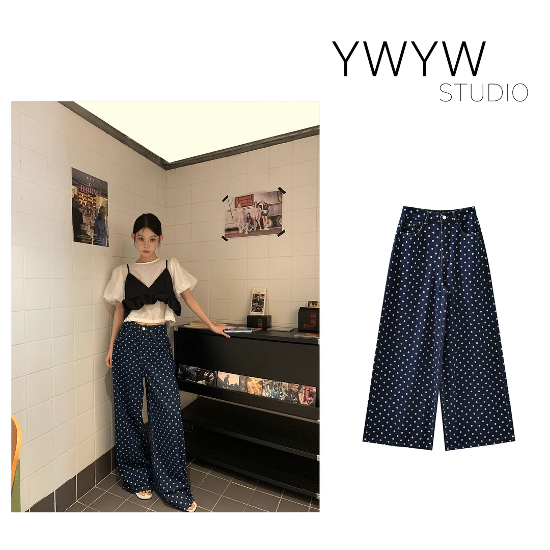 【YWYW25S/S】夏季INS风百搭水洗印花波点直筒宽松阔腿牛仔裤5218