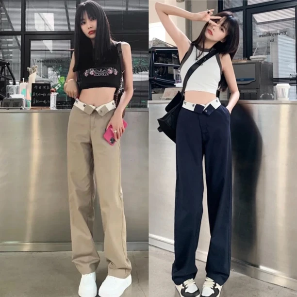 翻腰边设计街头时尚个性高腰显瘦百搭夏季薄款阔腿直筒牛仔休闲裤