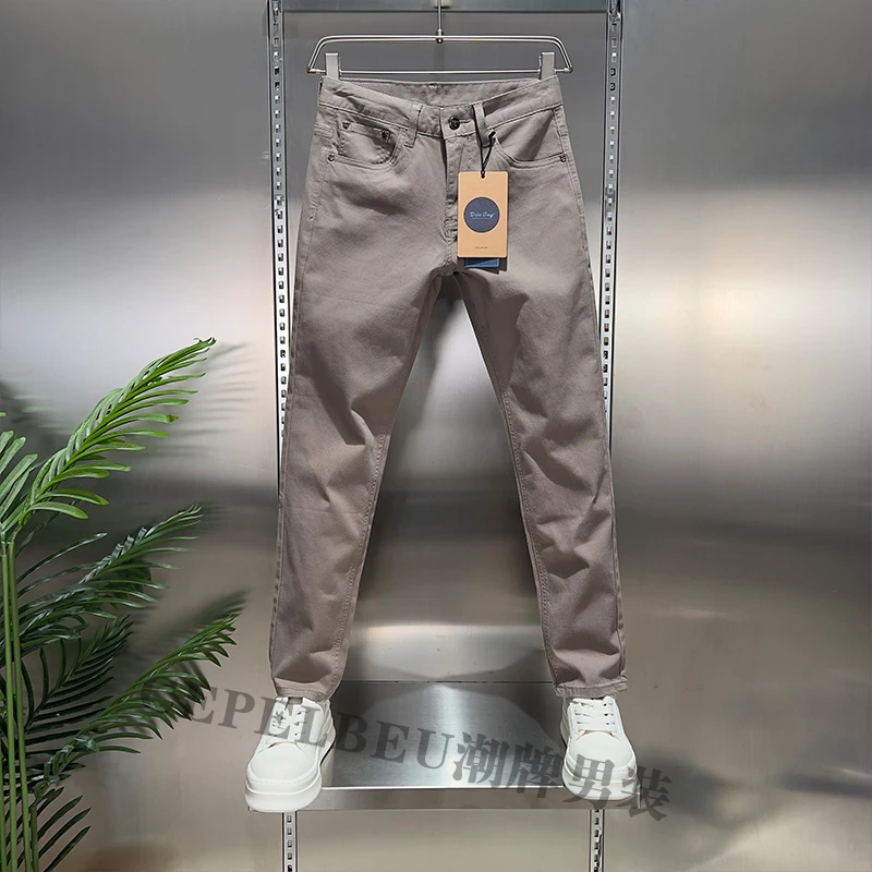 【高端】春夏帝驼色男士小直筒休闲裤轻奢时尚百搭潮流透气牛仔裤子