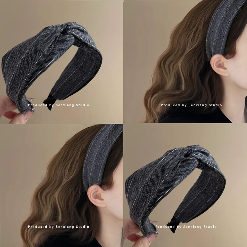 复古旧日~灰色烫钻条纹打结发箍！高级感头箍高颅顶显脸小发卡女