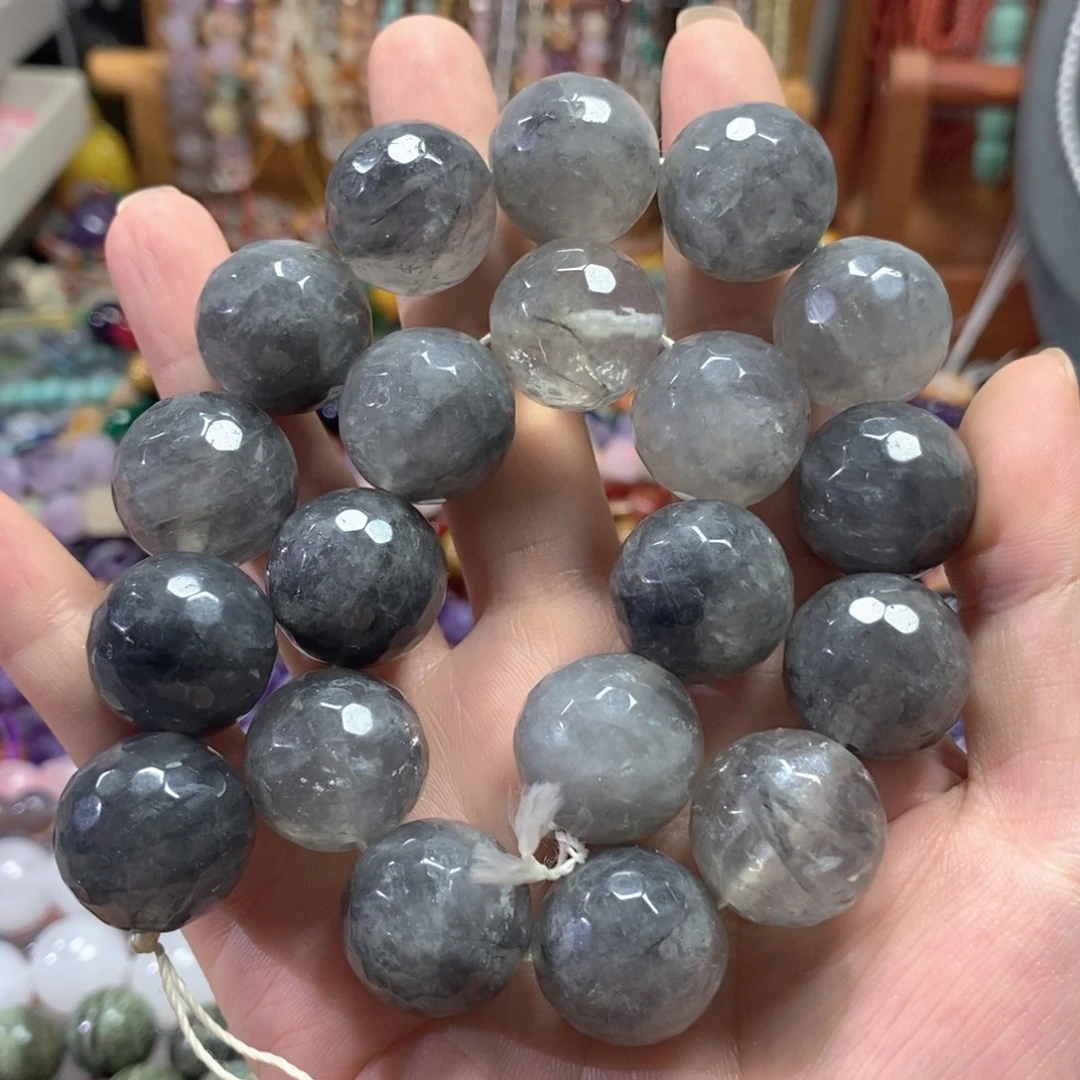 玛瑙/玉髓未镶嵌珠宝半成品天然烟晶蹦迪珠一条卡20mm