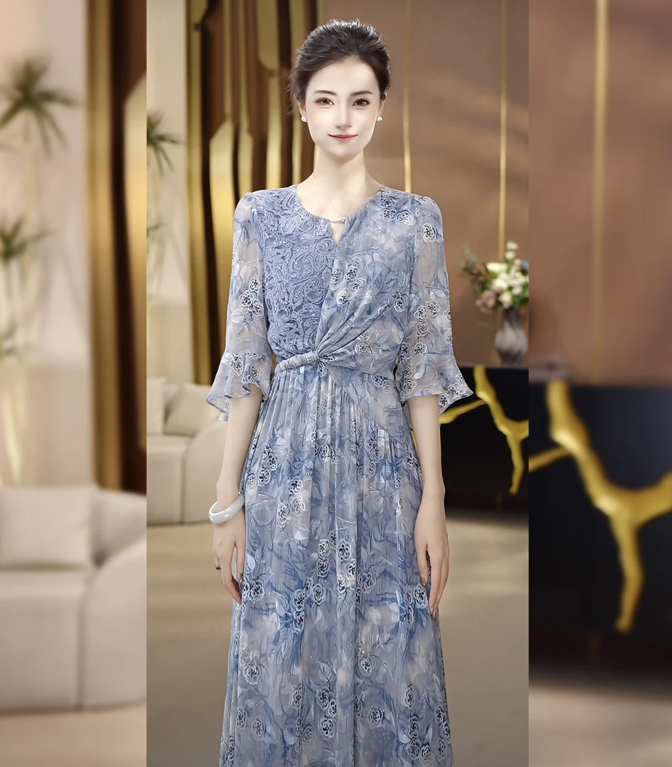 UNIQUE U:US【蓝釉】法式田园撒银立体绣花纽结连衣裙252651