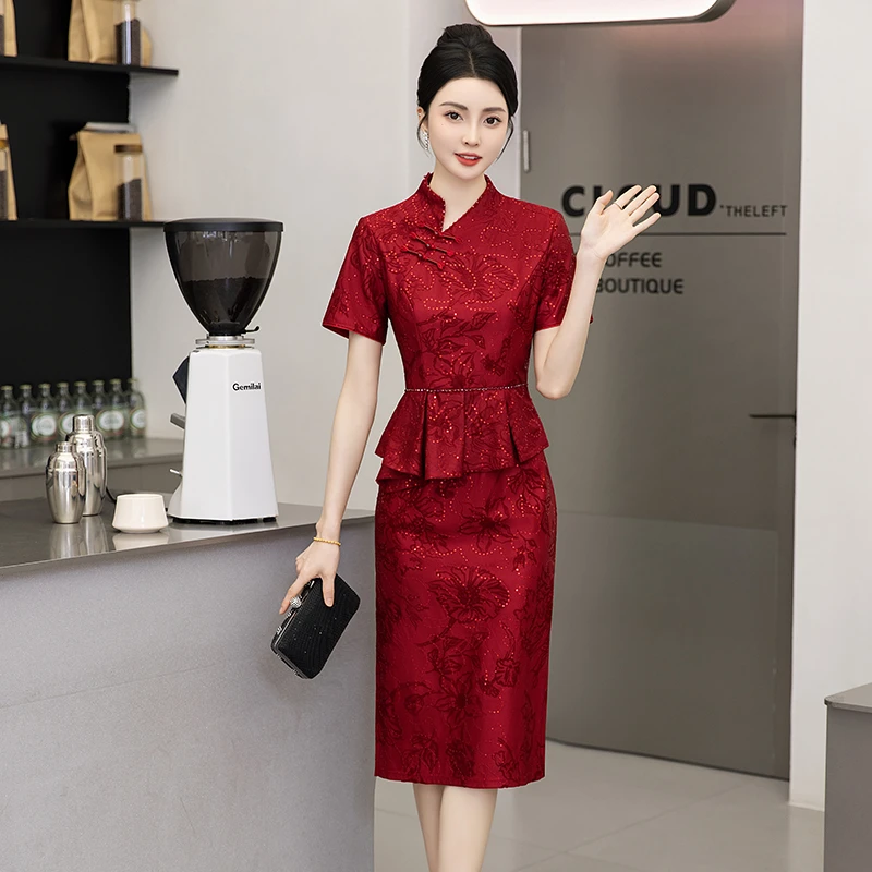 中式立领短袖夏季旗袍喜服妈妈装喜婆婆修身显瘦高端时尚结婚连衣