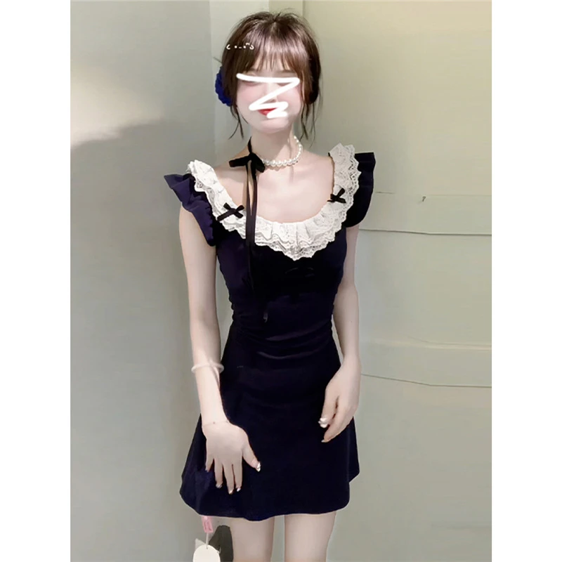 新款绝美性感纯欲风小飞袖连衣裙女夏季小个子收腰包臀短裙子