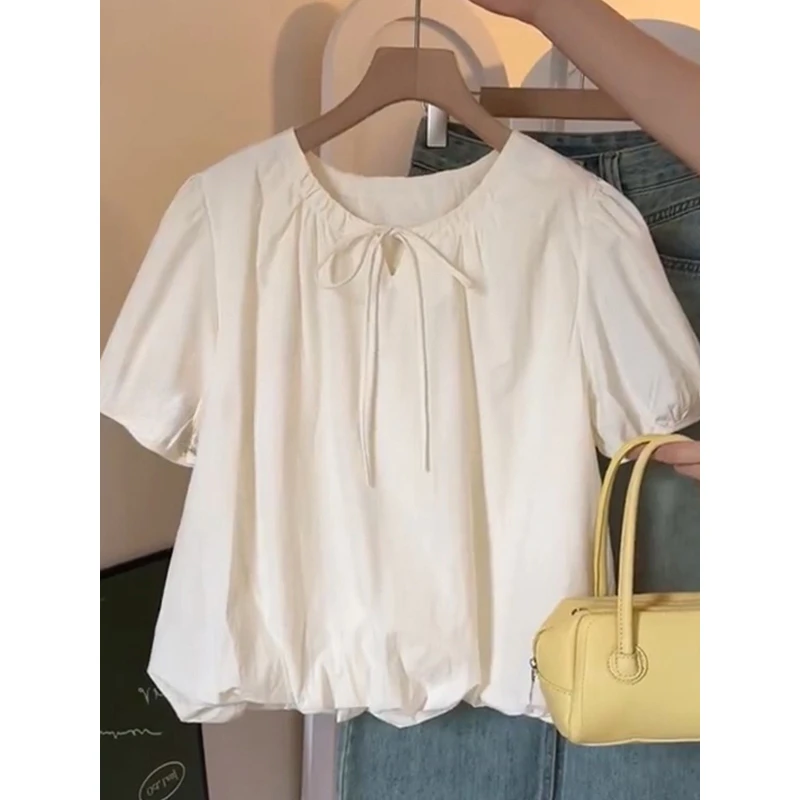 2025新款端爆款法式米白色泡泡袖衬衫女夏季轻奢洋气减龄小衫小众