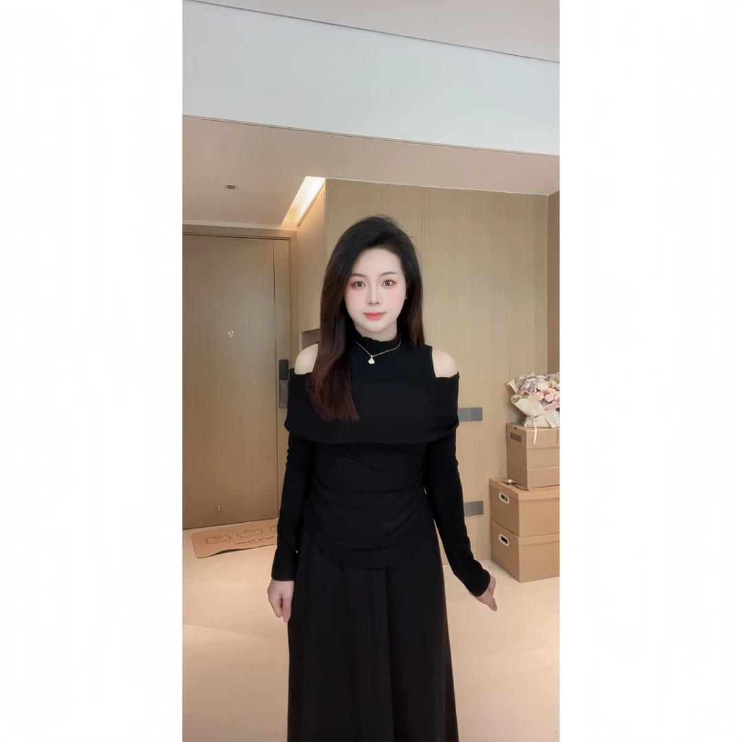 韩系气质假两件露肩长袖丁恤女秋冬修身+半裙套装