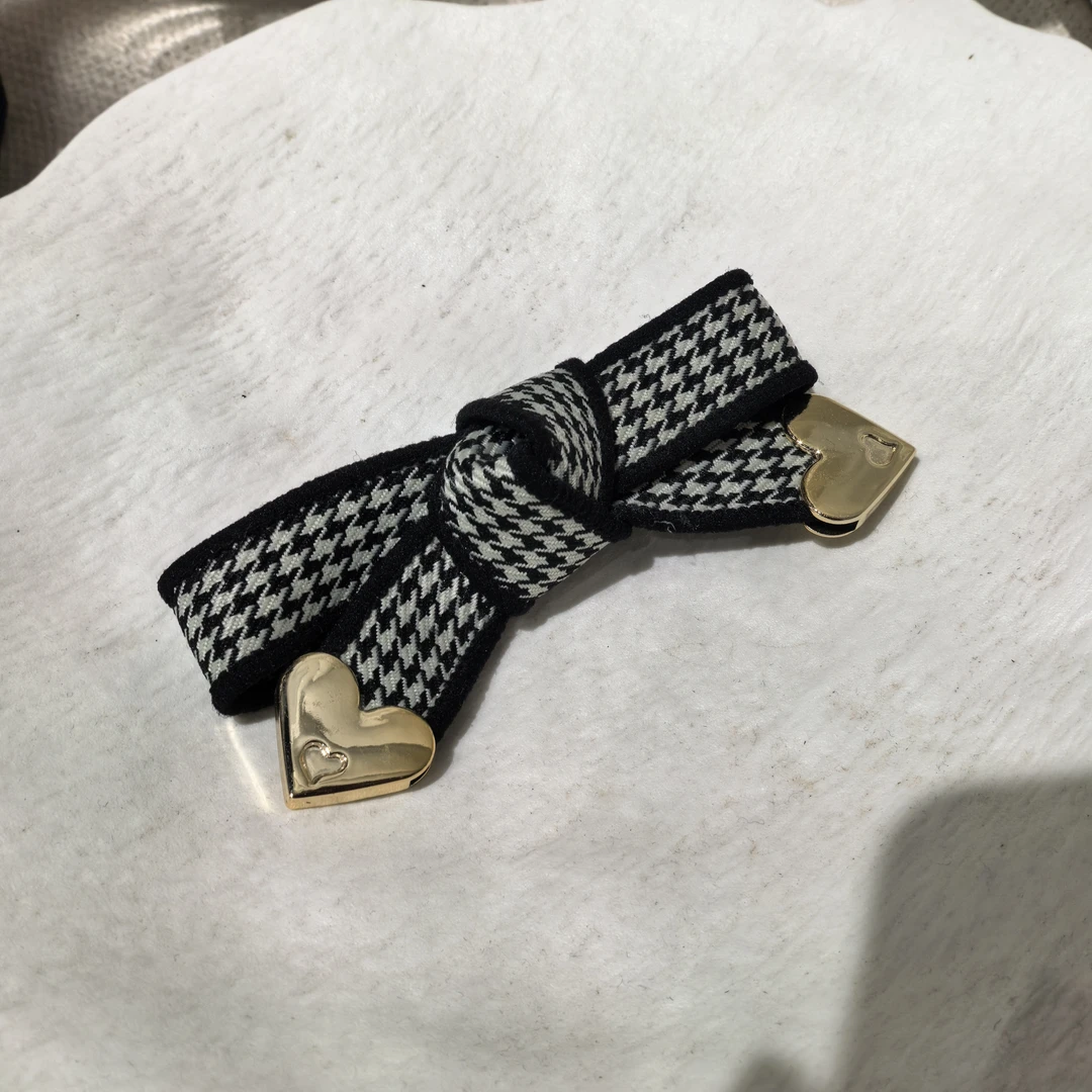 A128黑色格子蝴蝶结爱心边夹