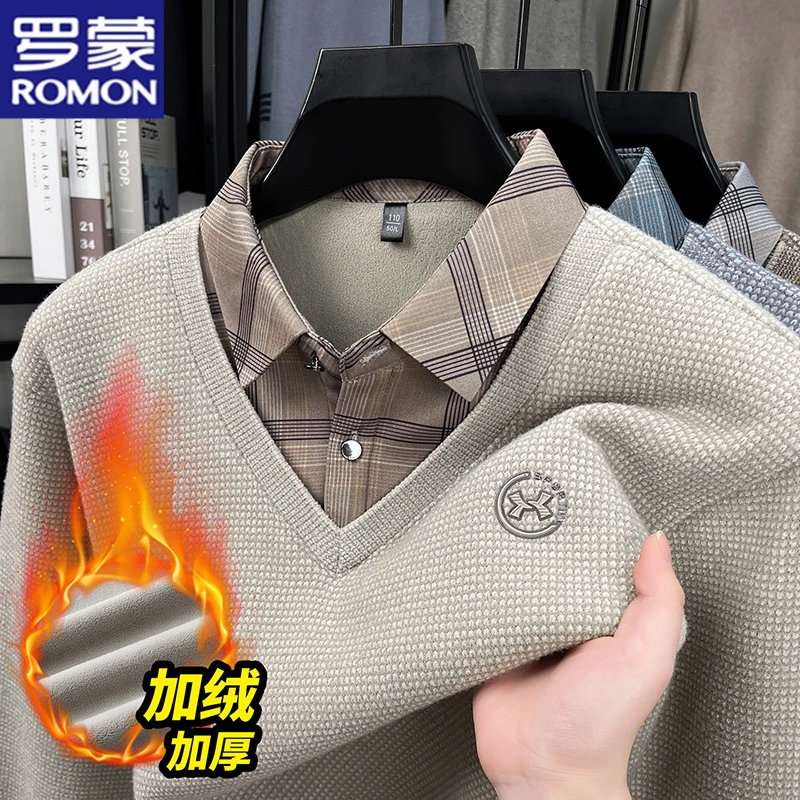 罗蒙加绒加厚翻领假两件毛衣男士休闲针织衫百搭宽松套头保暖打底