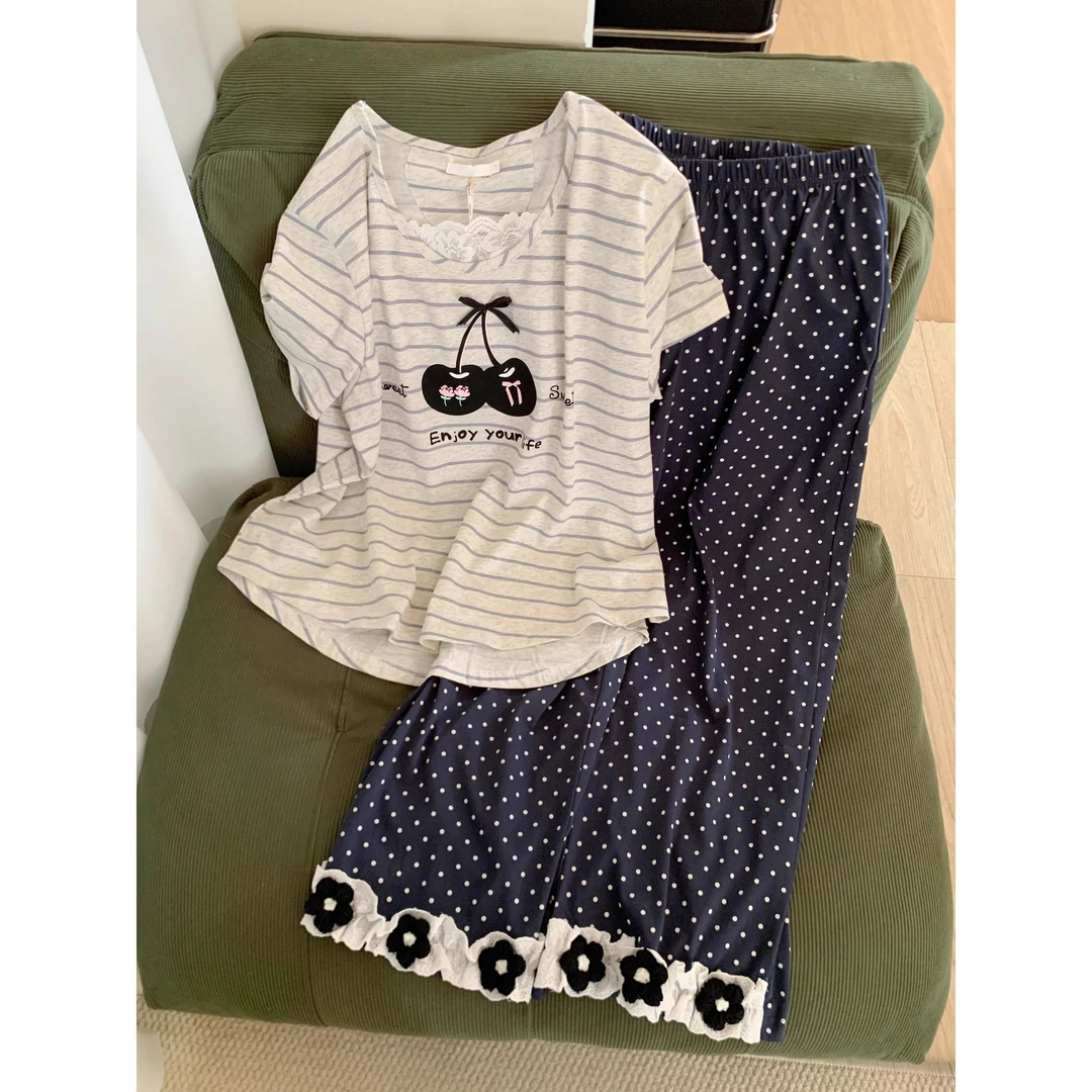 【蕾丝花边樱桃】甜美少女短袖睡衣女夏款条纹T恤长裤套装家居服