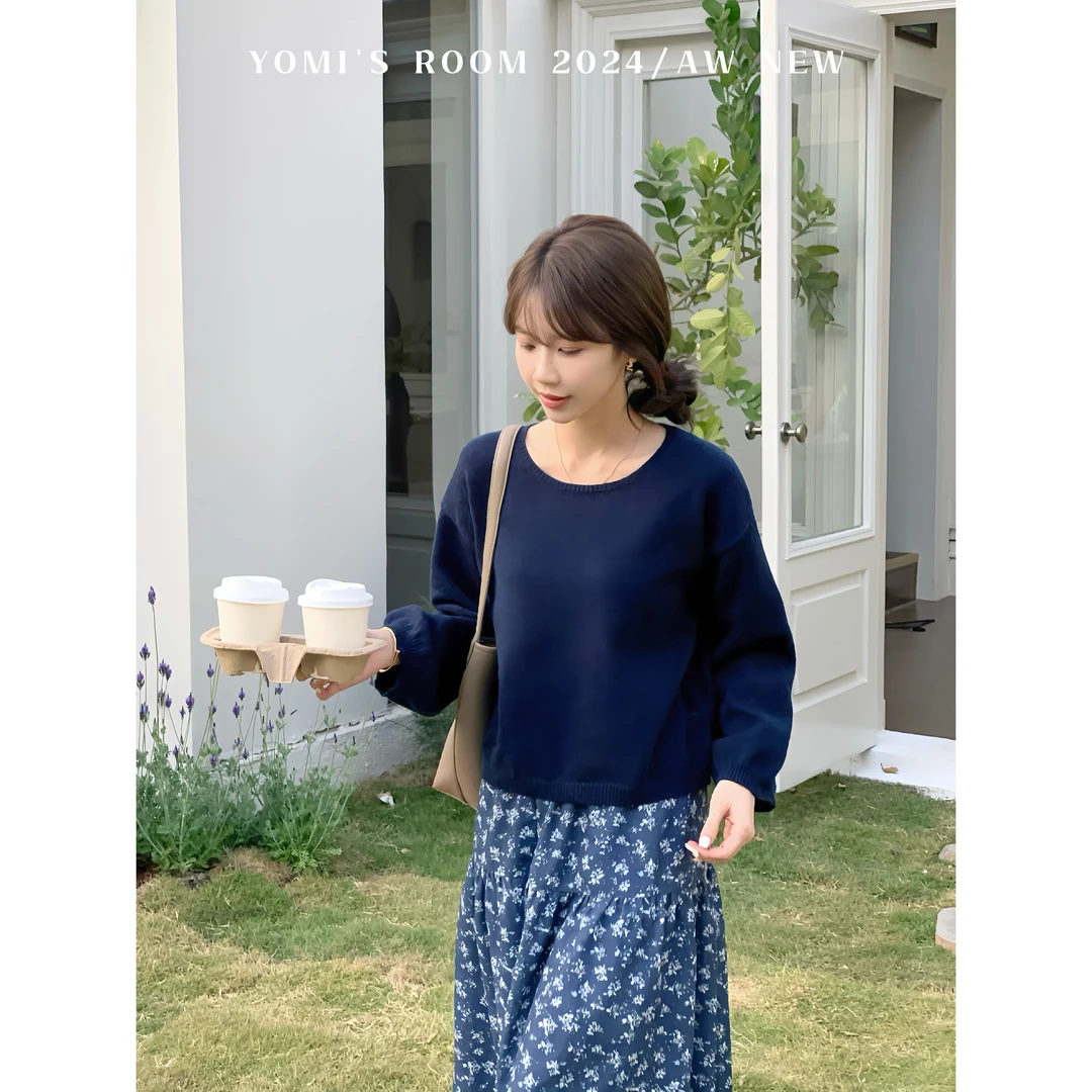 YOMI小个子定制【柔蓝轻语 】灯笼袖设计感显瘦毛衣女春季新款