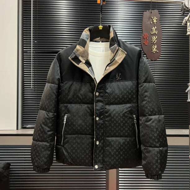 高级感冬季加厚提花保暖拼接休闲连帽修身棉服外套