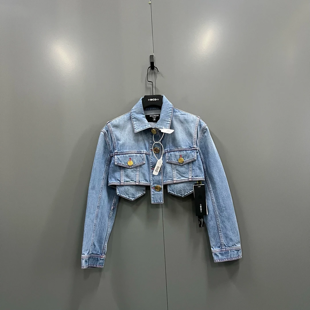 99新 BALMAIN/巴尔曼 zz2 〔wz〕蓝色短款牛仔外套 34码/305393