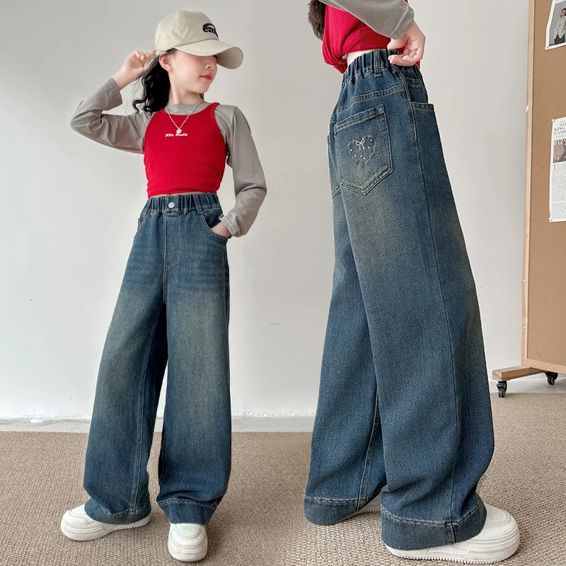 女童牛仔裤春秋款2025新款休闲洋气时髦直筒裤韩版大童儿童阔腿裤