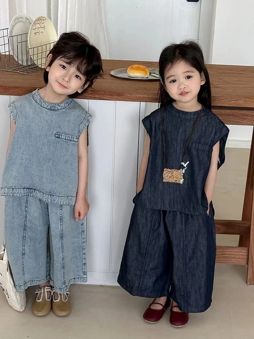 2025夏季新款韩版男女童薄款牛仔无袖背心七分裤两件套2537