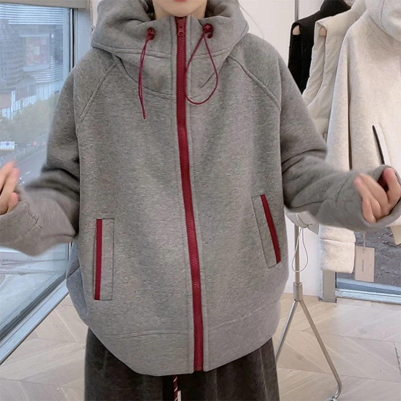 连帽拼色卫衣外套女2025春秋新款欧货设计感拉链开衫休闲短款上衣