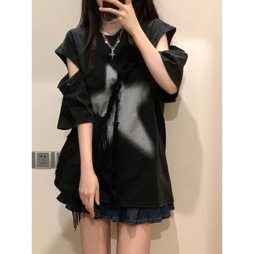 夏季新款T恤女美式街头嘻哈hiphop纽扣可拆卸袖宽松百搭上衣