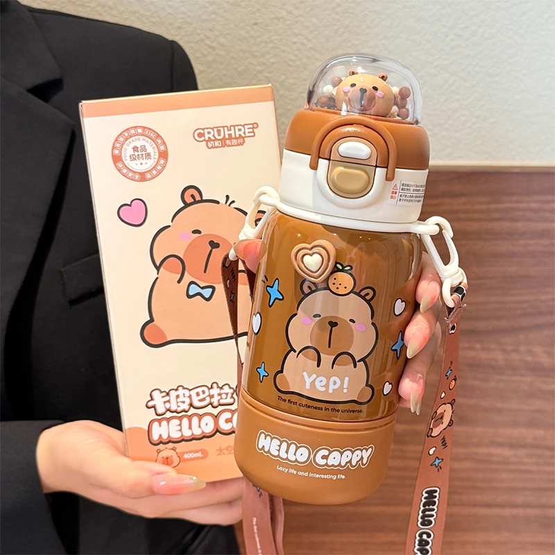 卡皮巴拉儿童保温杯男女孩水杯学生上学专用吸管杯幼儿园水壶便携