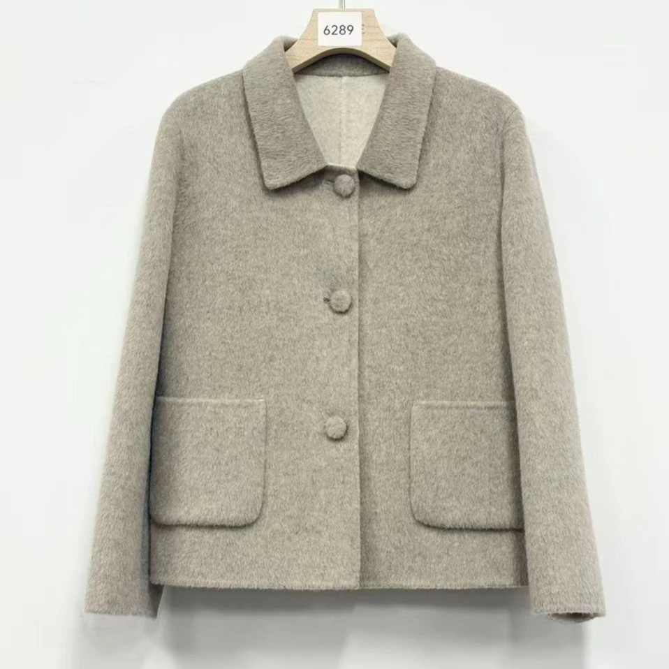 【设计师沈兰】秋冬毛呢保暖纯色短款毛呢翻领外套6289