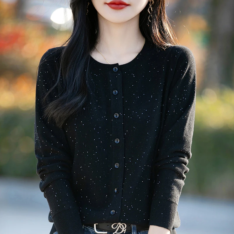 春秋精纺羊毛开衫女气质圆领珠片显瘦外套宽松时尚长袖上衣PY6168