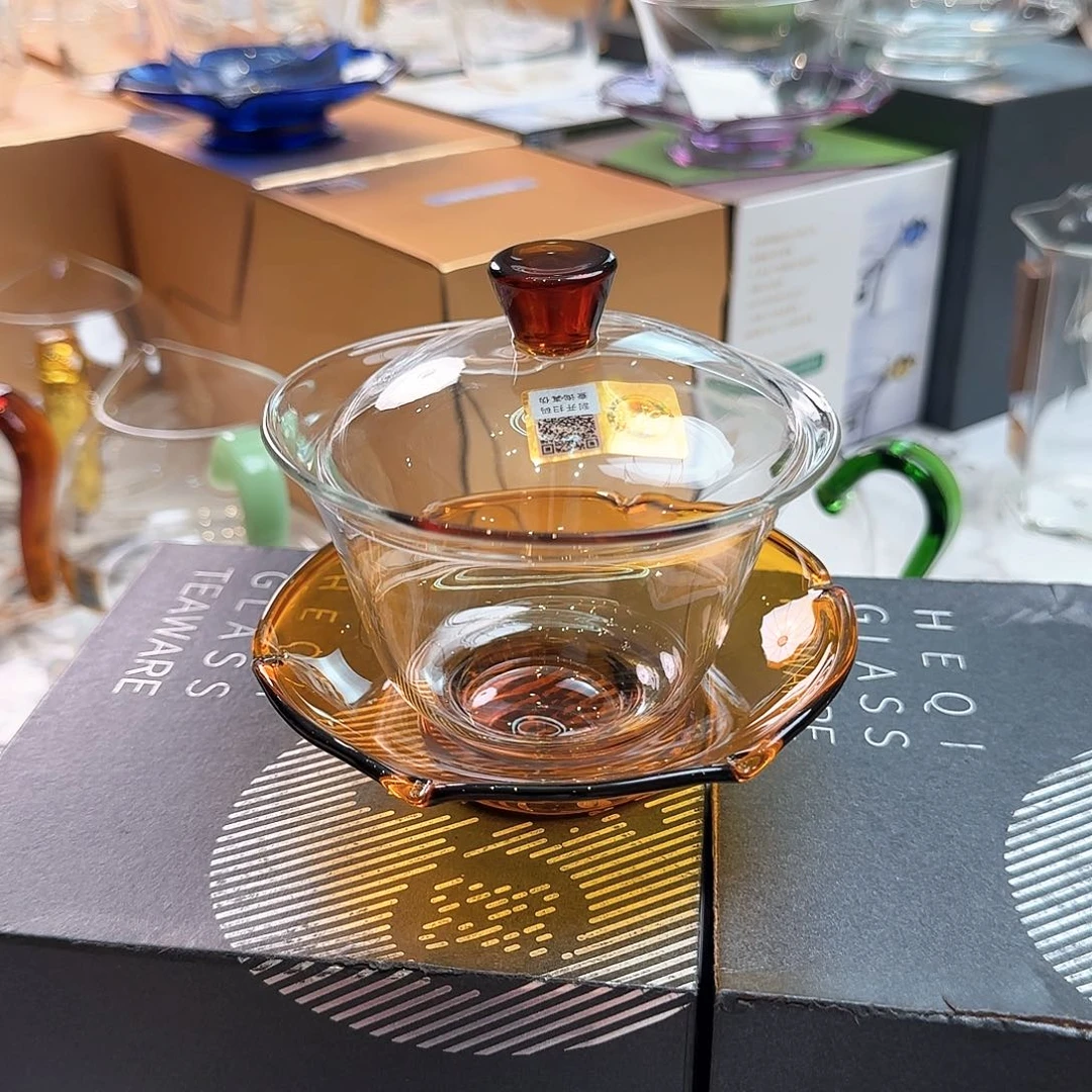 禾器琥珀色荷叶盖碗