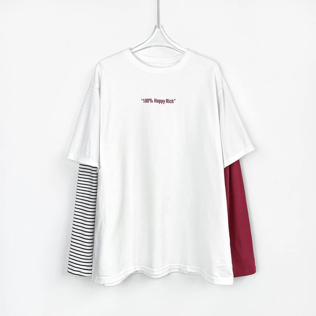 Q"Happy Rich"AB袖假两件拼接字母t恤 T73872
