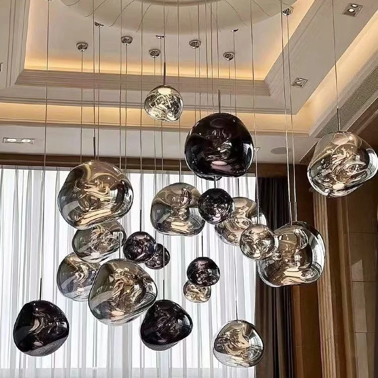挑空大客厅熔岩吊灯北欧设计师别墅复式楼梯简约轻奢餐厅长线吊灯