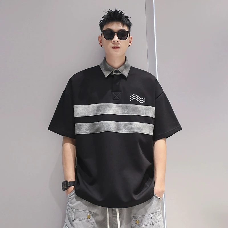 RunTwo刺绣拼接工装复古短袖美式宽松半袖透气polo夏季休闲男士