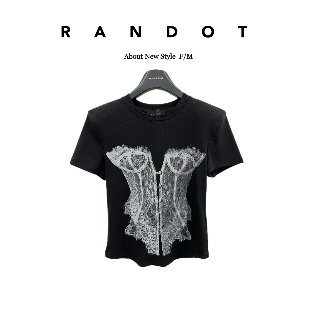 【K-11】原创设计 “蕾丝抹胸”螺纹芭蕾3D印花弧形边短袖T恤D2322