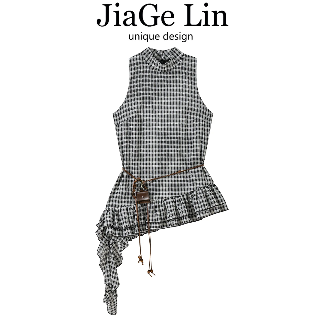JiaGeLin韩系设计感不规则格子无袖衬衫气质小衫女夏洋气显瘦上衣