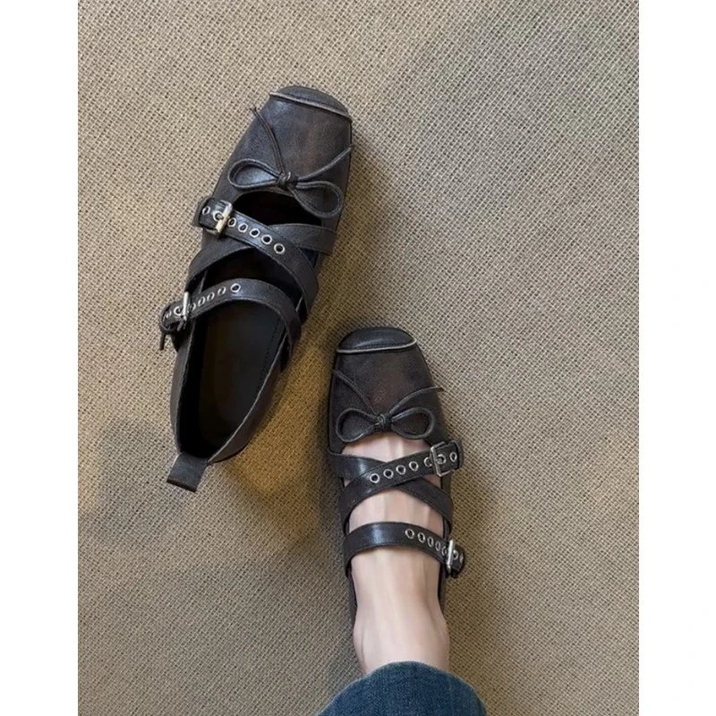 【柠珞设计联名款】羊皮版~真皮蝴蝶结方头浅口芭蕾单鞋女法式复古