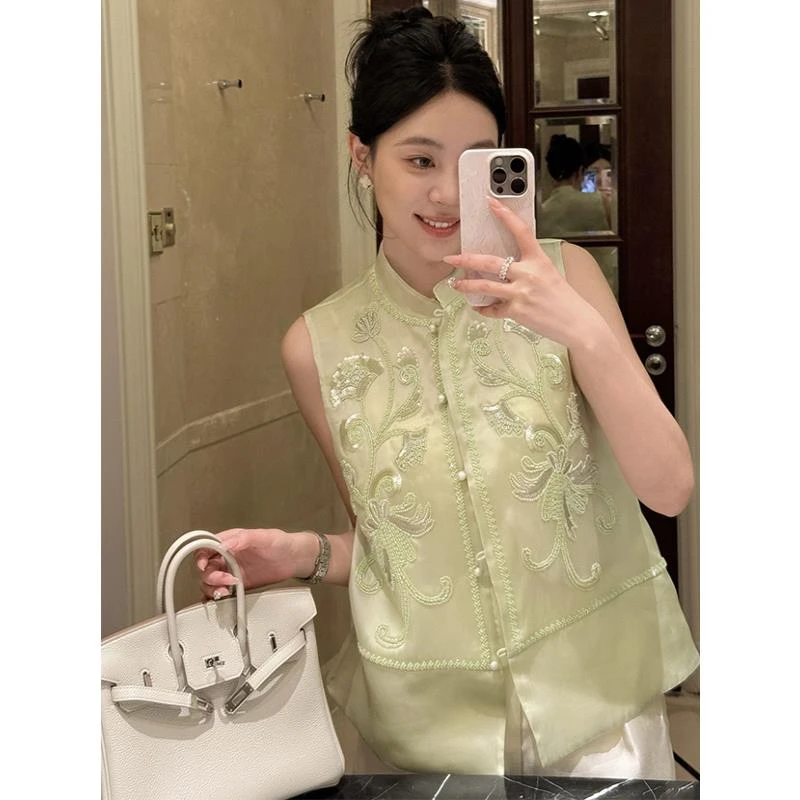 新中式国风复古立领绿色盘扣刺绣马甲女2025夏季新款气质独特上衣