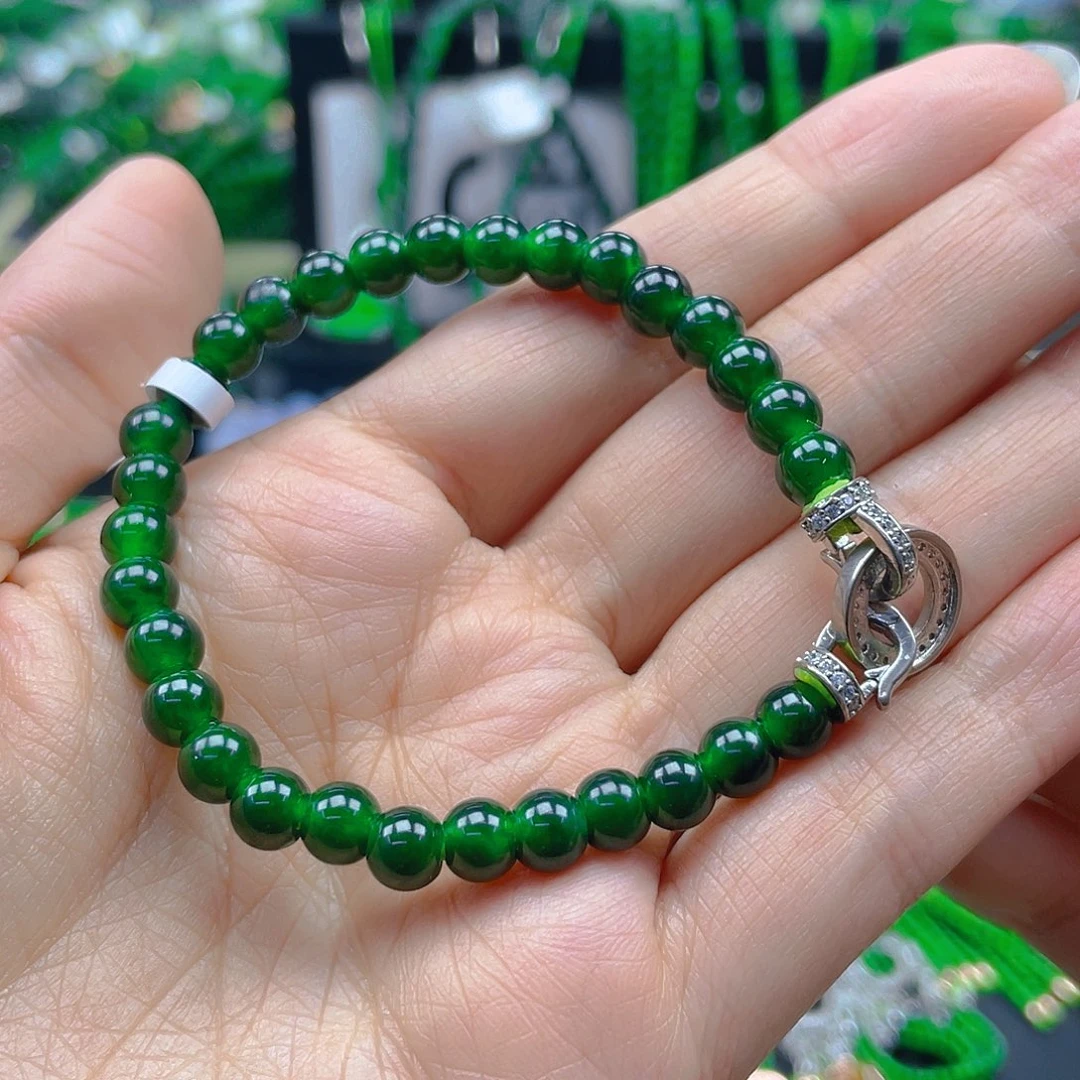 翡翠手链未镶嵌天然A货翡翠手串卡6辣绿纯
