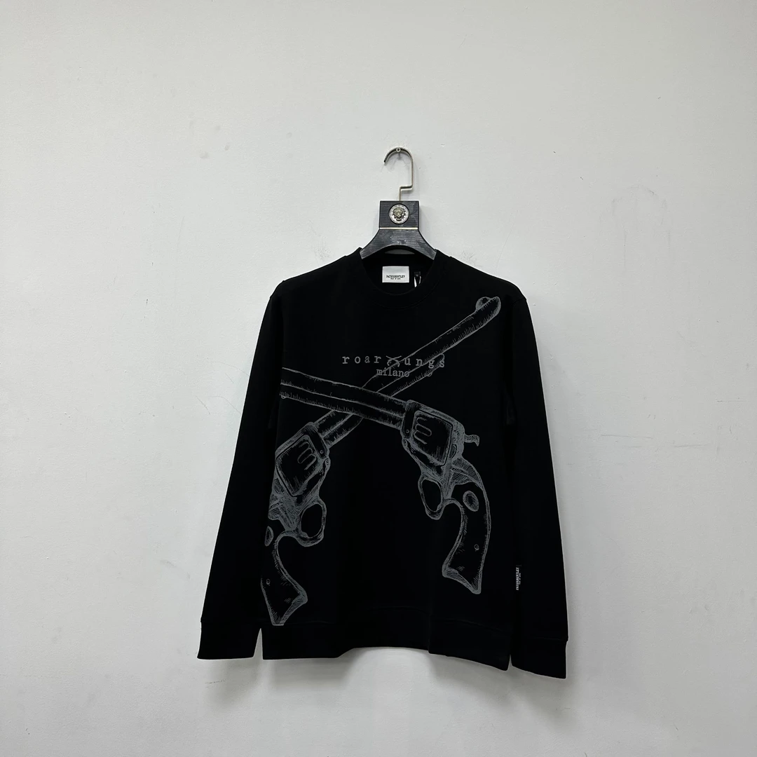 008男士高品质春秋款卫衣百搭黑色印花圆领套头长袖时尚休闲