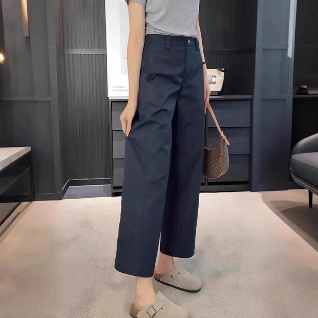 藏青色直筒西装裤女夏季薄款梨形身材小个子休闲裤显瘦垂感阔腿裤