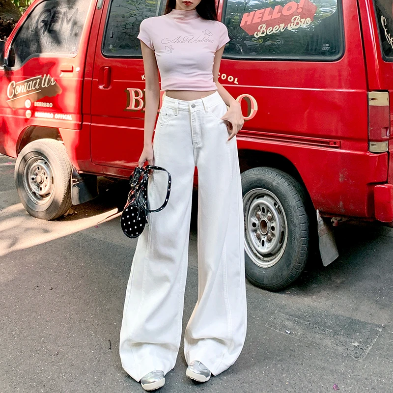 米白色阔腿裤牛仔裤女宽松春装2025年新款高腰三防设计宽松拖地裤