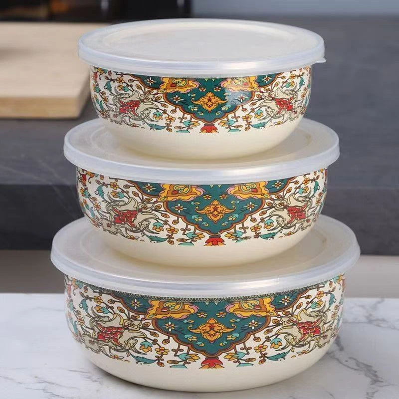 欧丽家珐琅搪瓷搪瓷保鲜碗搪瓷保鲜容器冰箱冷藏碗套装搪瓷碗明火
